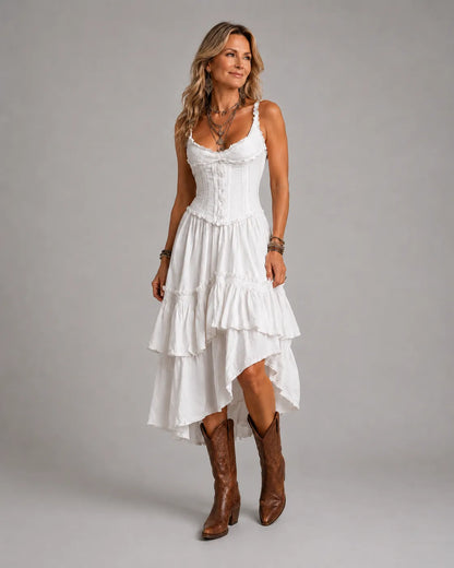 Chic Retro Boho Corset Midi Dress with Tiered Layers and Lace Trim
