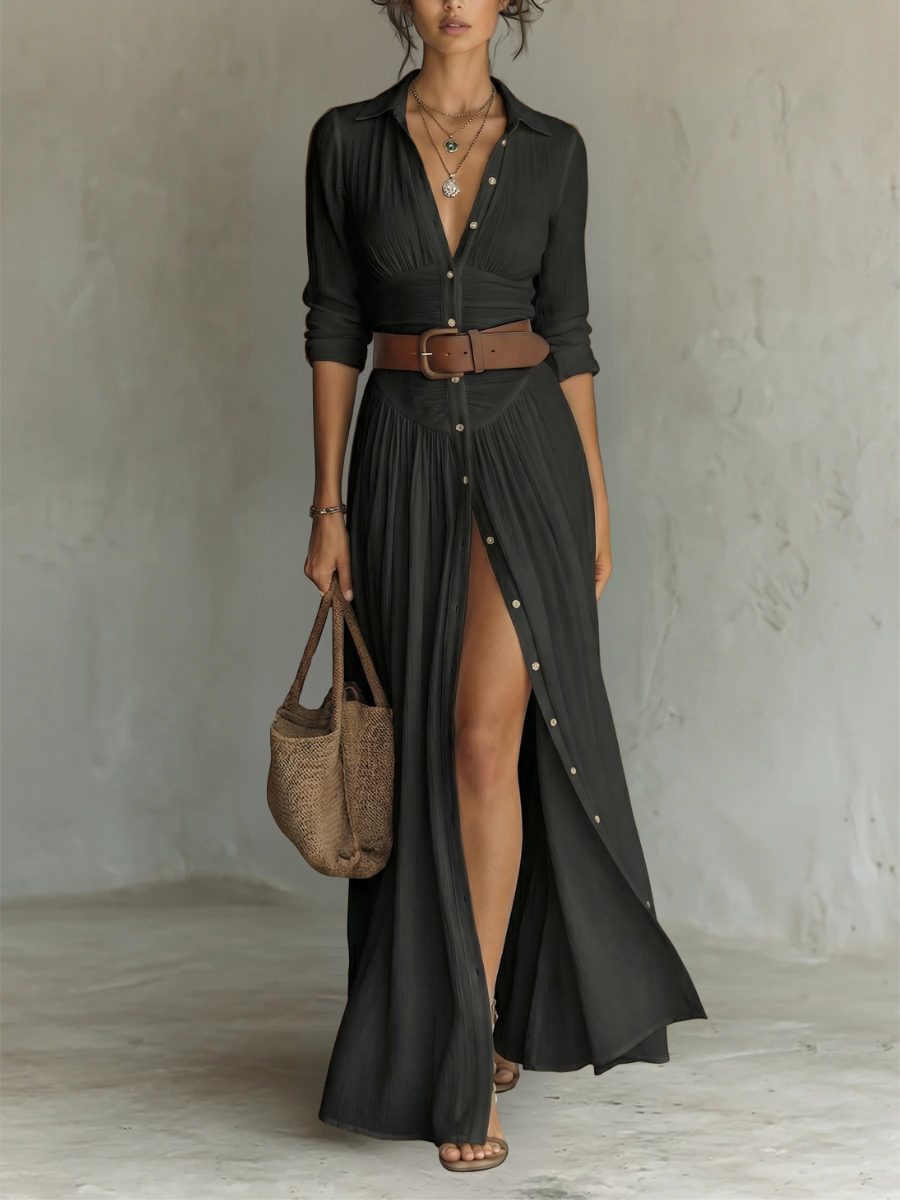 Elegant Long Maxi Dress with Notched Collar and Long Sleeves for Women — Size S1