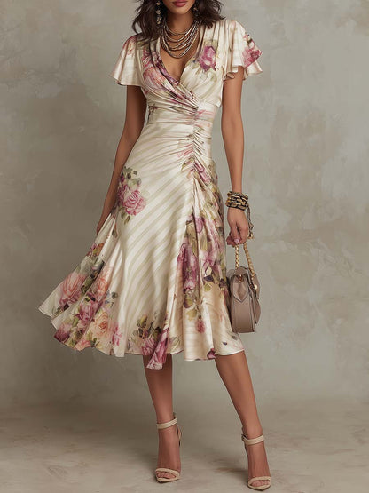 Alba | Elegant Floral Ruched-Wrap Midi Dress for Effortless Sophistication
