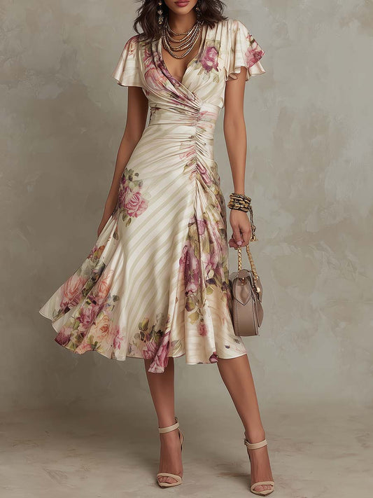 Alba | Elegant Floral Ruched-Wrap Midi Dress for Effortless Sophistication