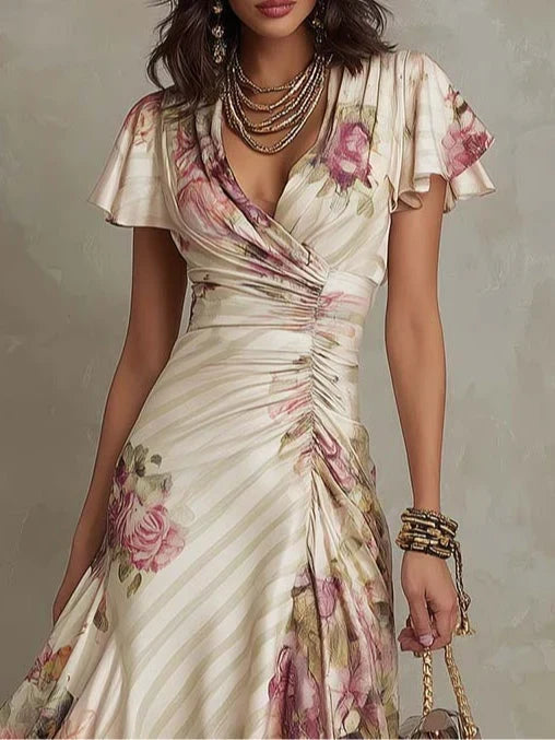 Alba | Elegant Floral Ruched-Wrap Midi Dress for Effortless Sophistication