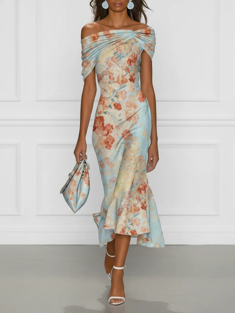 Vittoria Midi Mermaid Dress - Off-Shoulder, Sleeveless, Blue Floral Pattern
