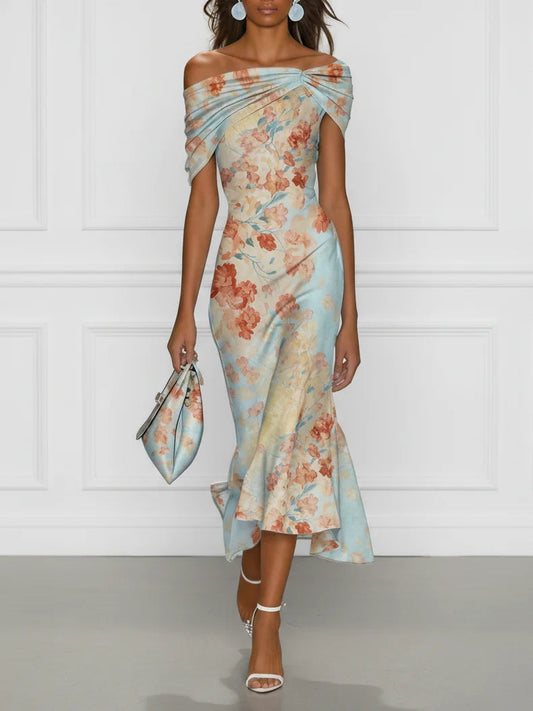 Vittoria Midi Mermaid Dress - Off-Shoulder, Sleeveless, Blue Floral Pattern