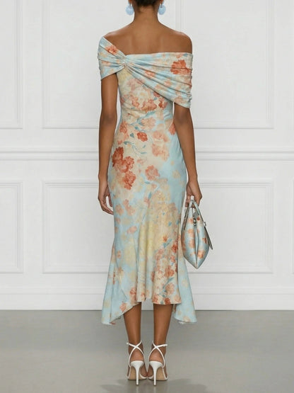 Vittoria Midi Mermaid Dress - Off-Shoulder, Sleeveless, Blue Floral Pattern