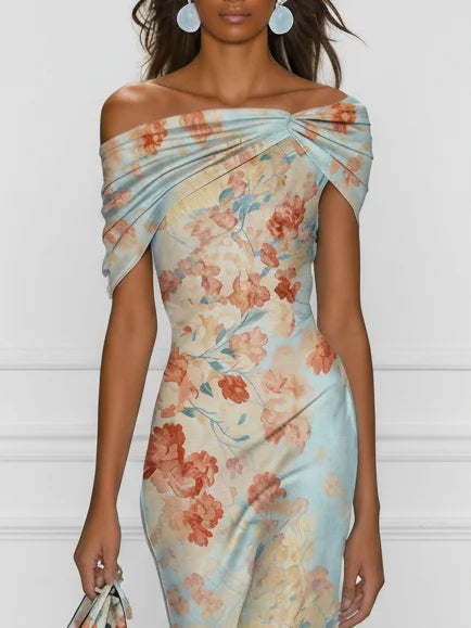 Vittoria Midi Mermaid Dress - Off-Shoulder, Sleeveless, Blue Floral Pattern