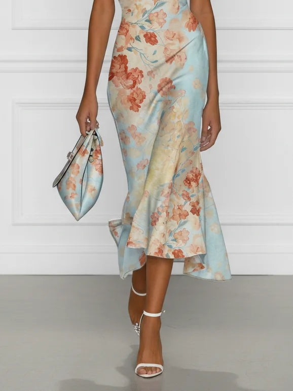 Vittoria Midi Mermaid Dress - Off-Shoulder, Sleeveless, Blue Floral Pattern