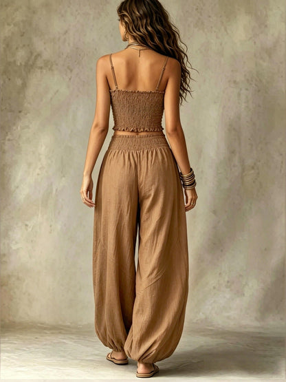 Women's Smocked Crop Top & Wide-Leg Pants Two-Piece Set
