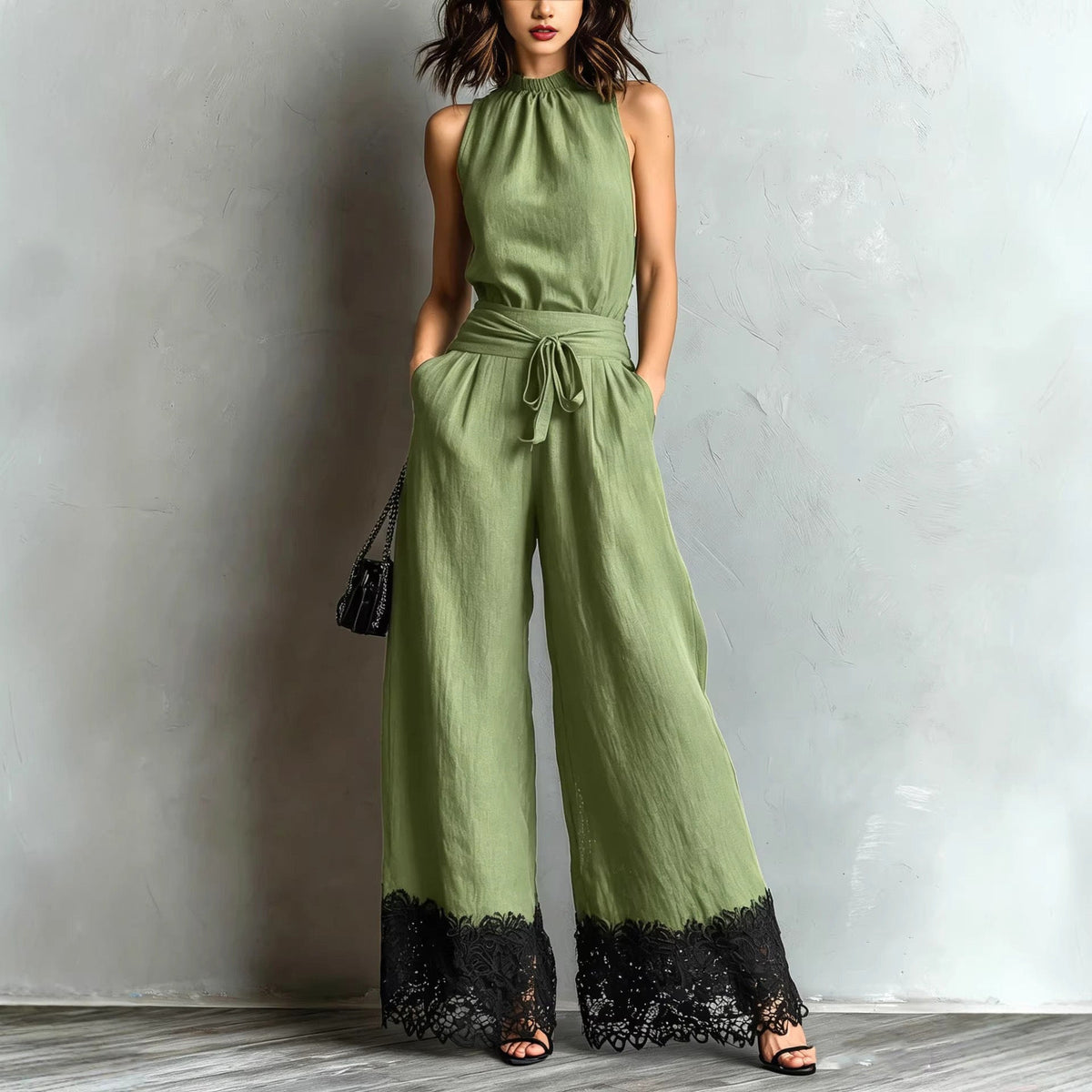 Halter Neck Lace-Trim Wide-Leg Belted Jumpsuit