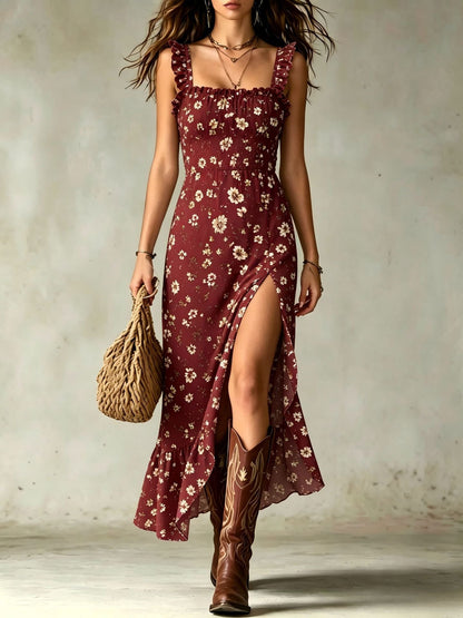 Ditsy Floral Smocked Ruffle-Slit Maxi Dress