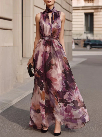 Floral Maxi Dress with Tie Neck and Waist Belt