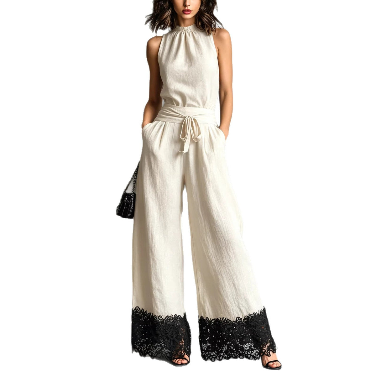 Halter Neck Lace-Trim Wide-Leg Belted Jumpsuit