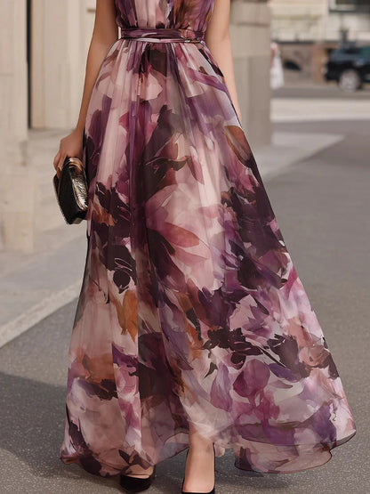 Floral Maxi Dress with Tie Neck and Waist Belt
