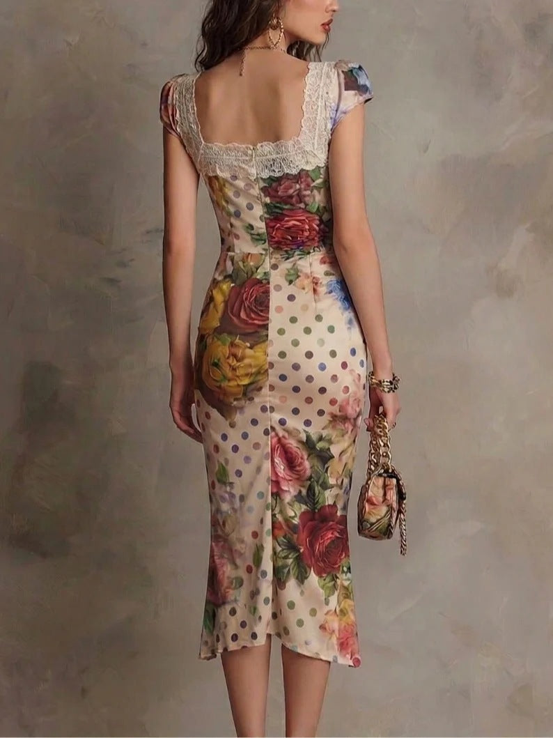 Lace-Trim Mixed-Print Ruched Bodycon Midi Dress
