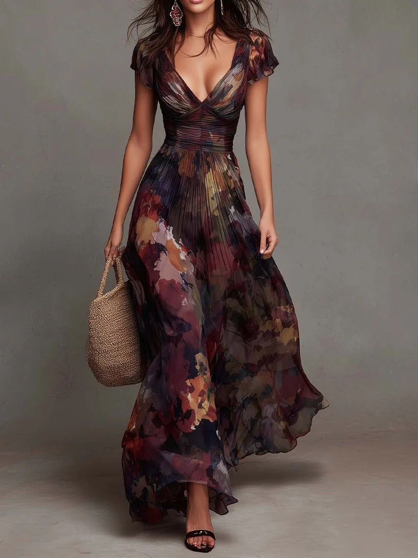 Watercolor Floral Pleated V-Neck Maxi Dress - Elegant, Flowing Maxi with Soft Pleats