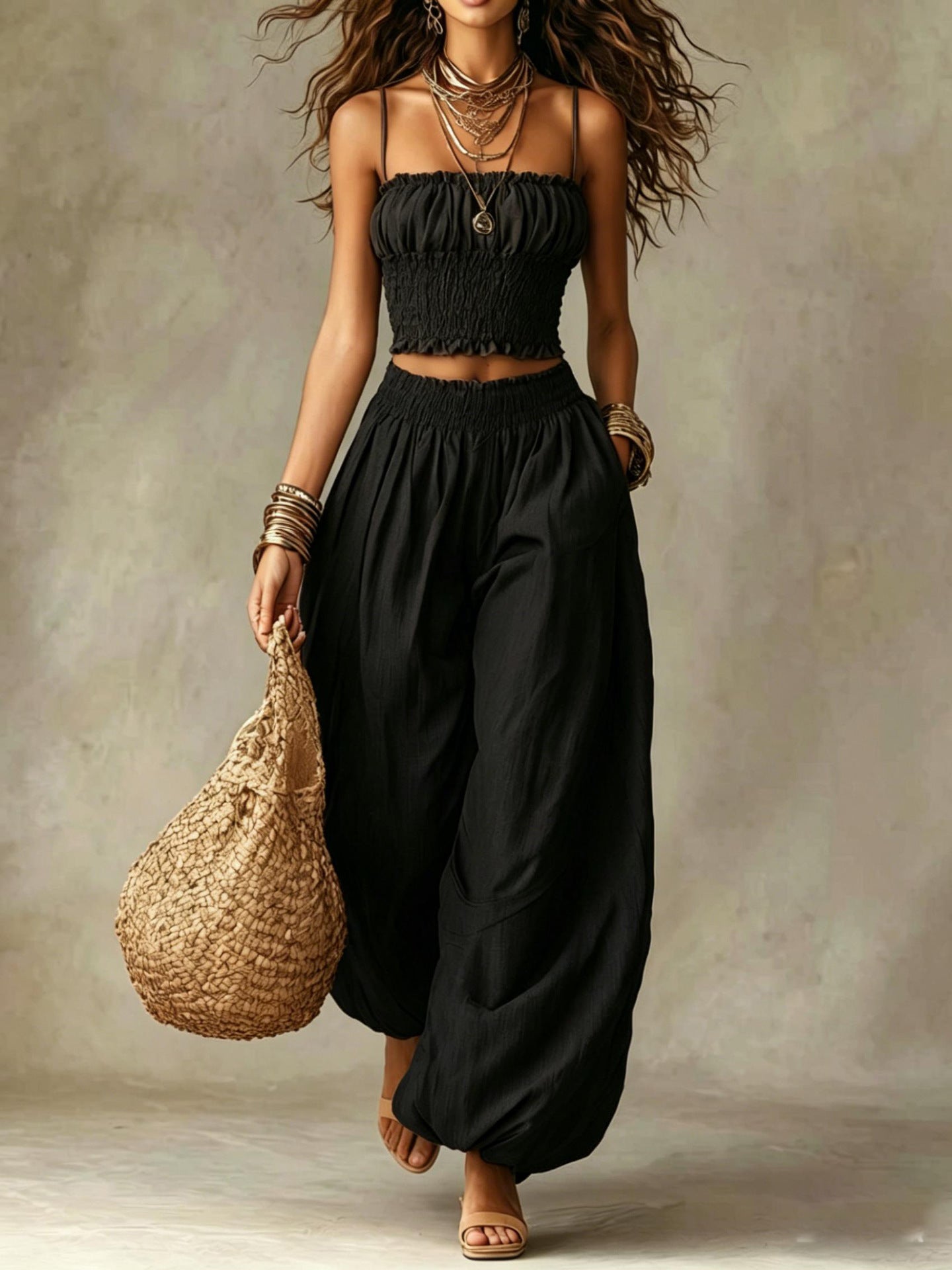 Women's Smocked Crop Top & Wide-Leg Pants Two-Piece Set
