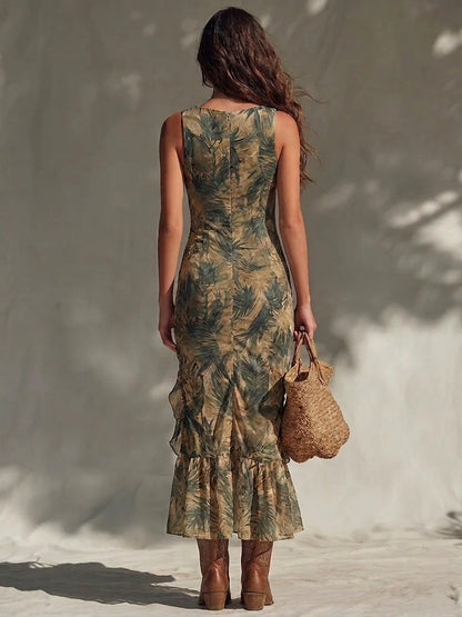 Elegant Palm Print Ruffled Ruched Maxi Dress with Side Slit