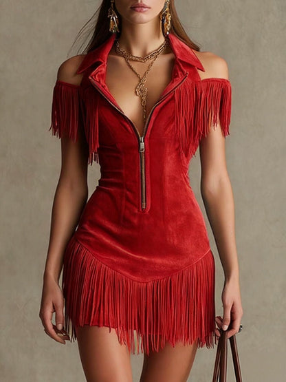 Julia | Retro American Suede Tassel Off-Shoulder Western-Style Dress
