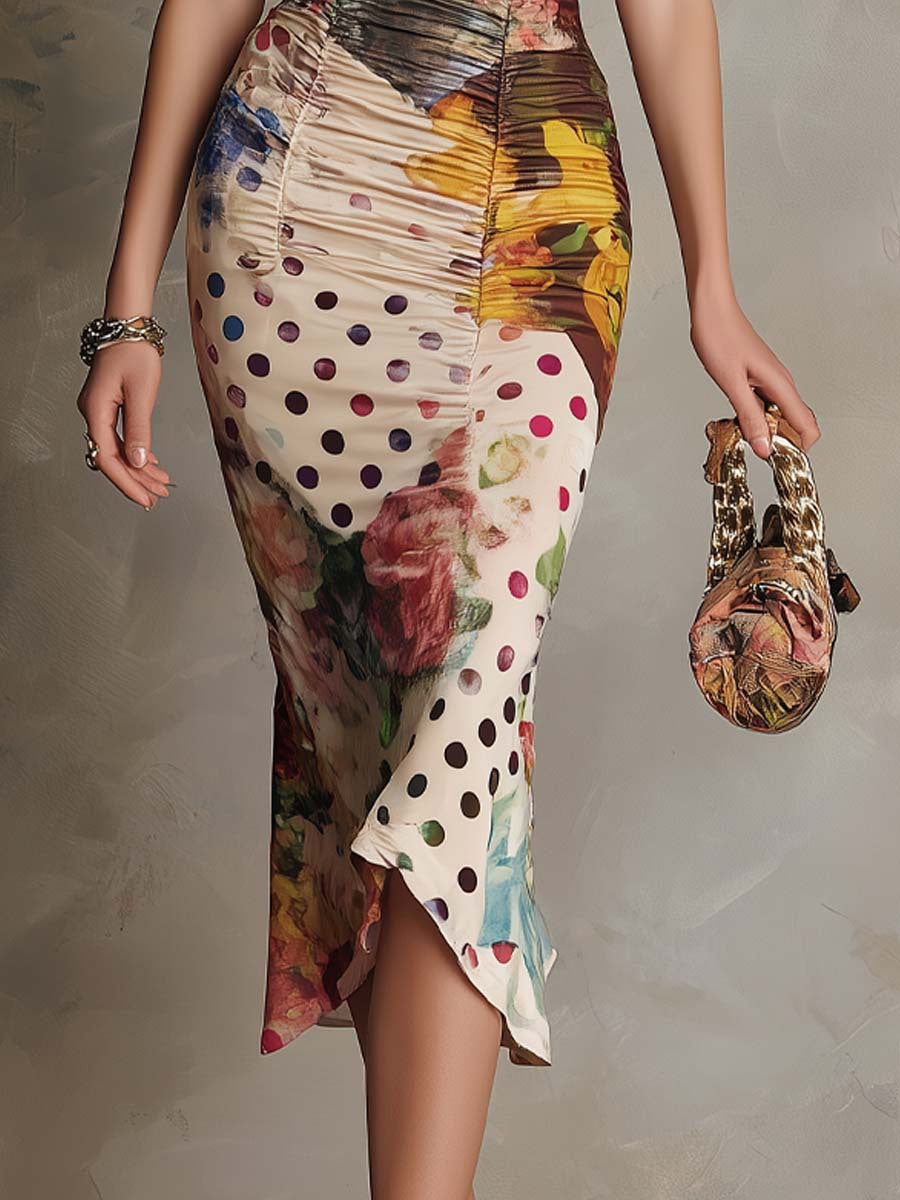 Lace-Trim Mixed-Print Ruched Bodycon Midi Dress