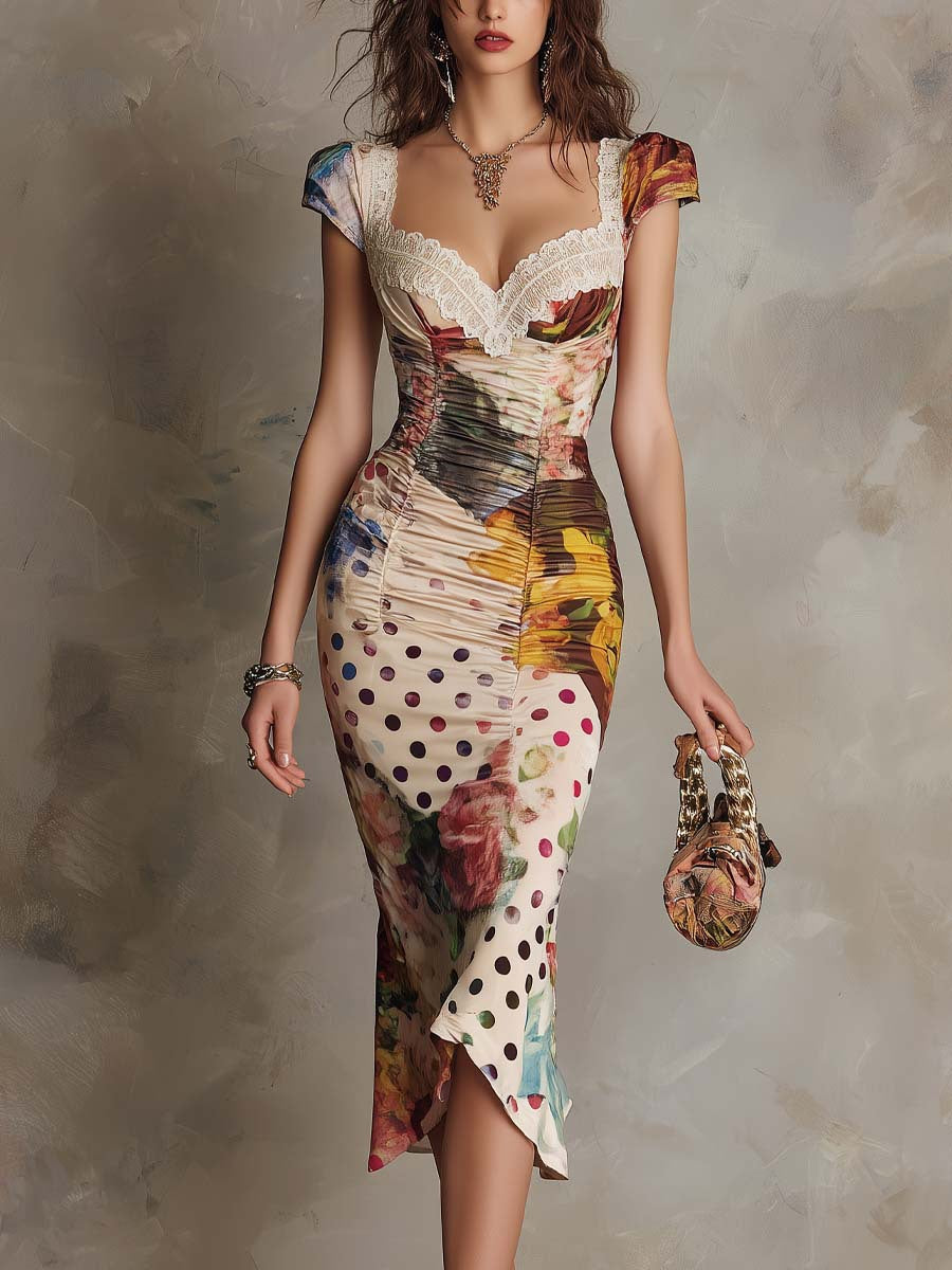 Lace-Trim Mixed-Print Ruched Bodycon Midi Dress