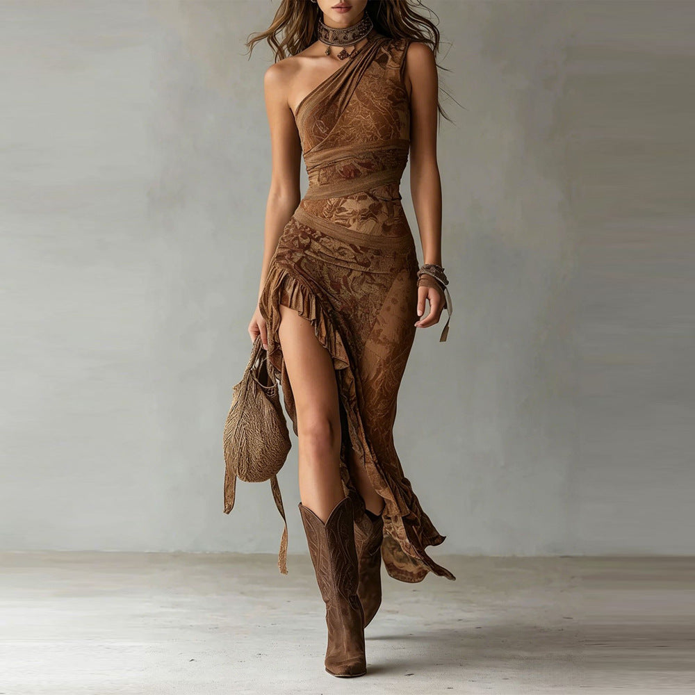 Elena | Bold One-Shoulder Printed Maxi Dress with a Flirty Ruffled Slit