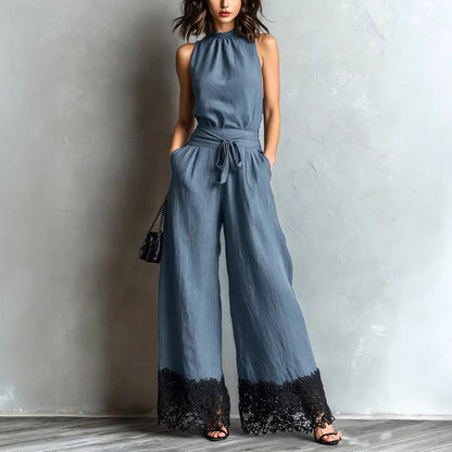 Halter Neck Lace-Trim Wide-Leg Belted Jumpsuit