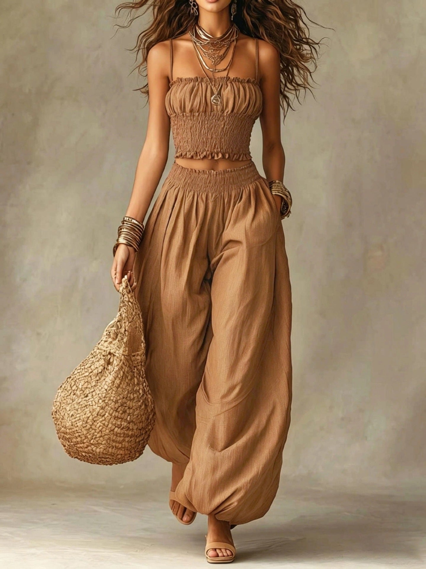 Women's Smocked Crop Top & Wide-Leg Pants Two-Piece Set