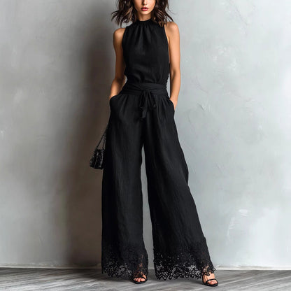 Halter Neck Lace-Trim Wide-Leg Belted Jumpsuit