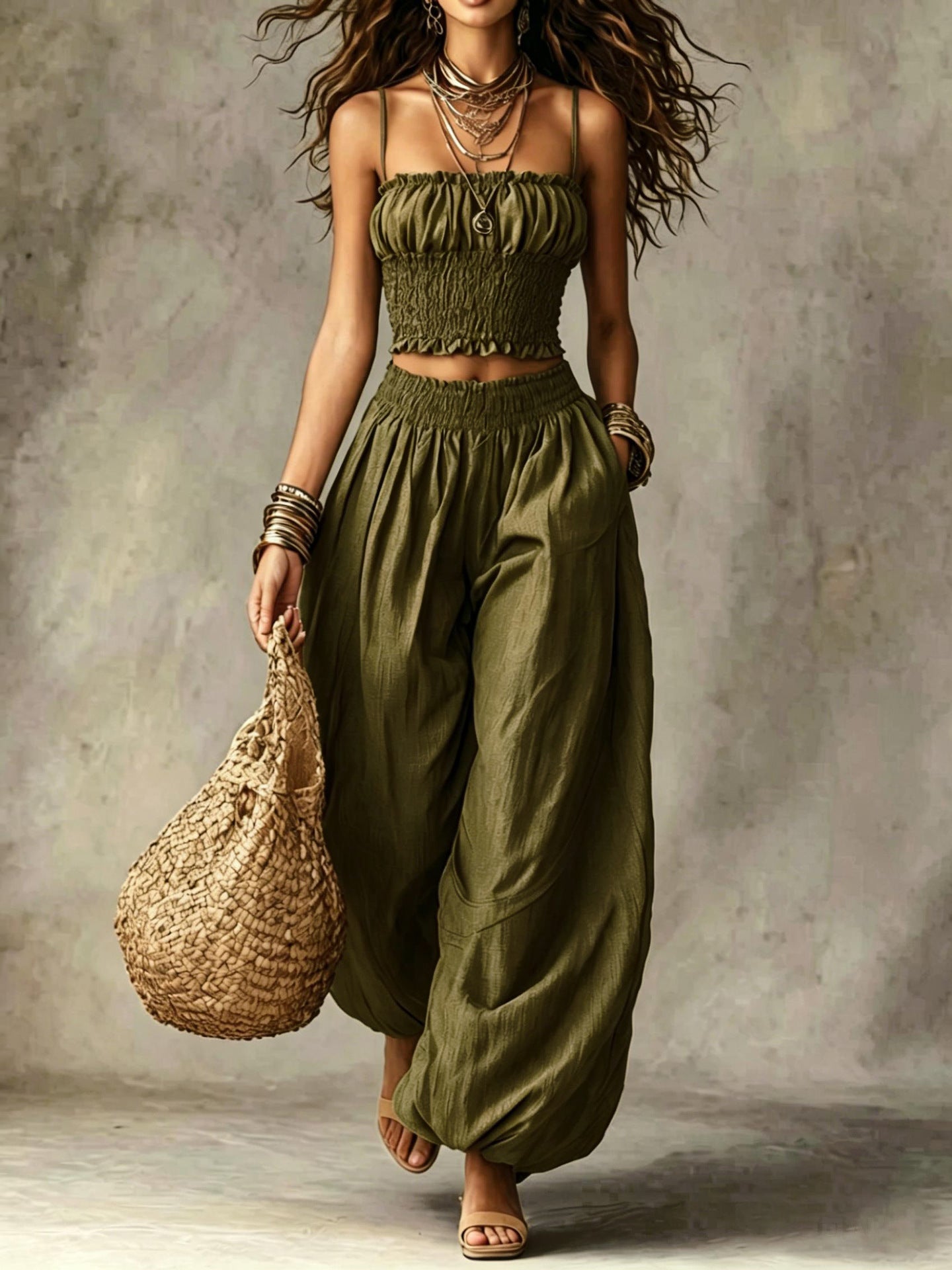 Women's Smocked Crop Top & Wide-Leg Pants Two-Piece Set