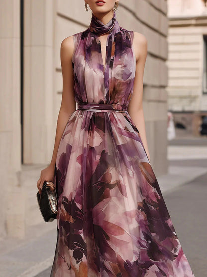 Floral Maxi Dress with Tie Neck and Waist Belt