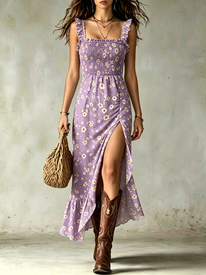 Ditsy Floral Smocked Ruffle-Slit Maxi Dress