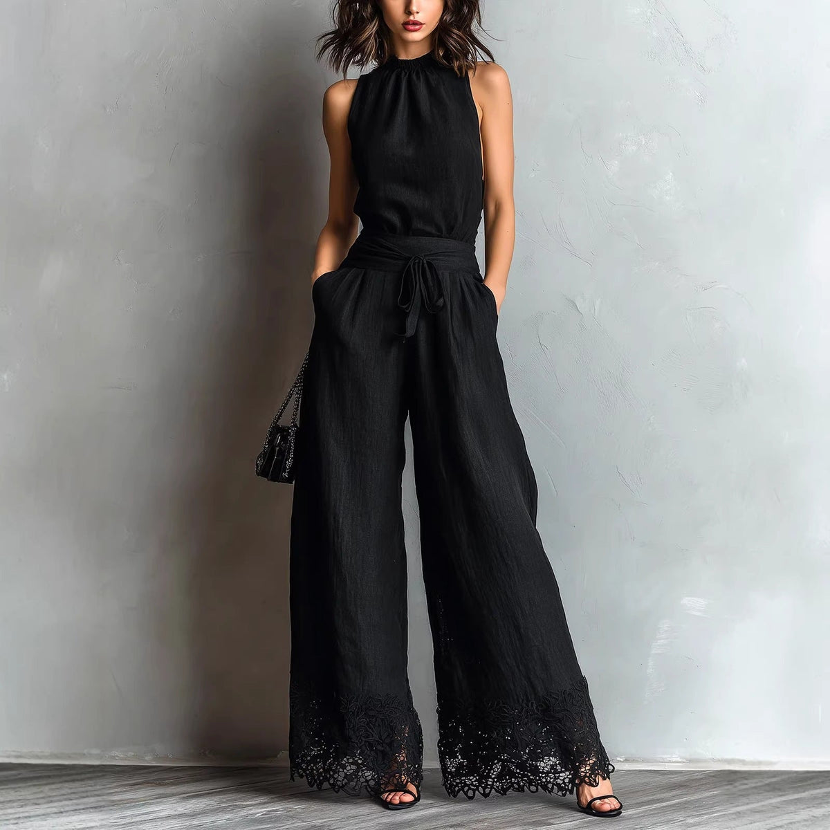 Halter Neck Lace-Trim Wide-Leg Belted Jumpsuit