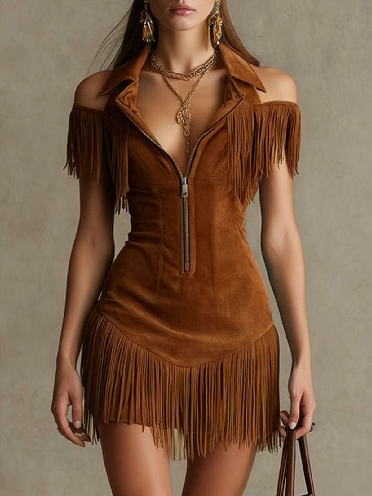 Julia | Retro American Suede Tassel Off-Shoulder Western-Style Dress