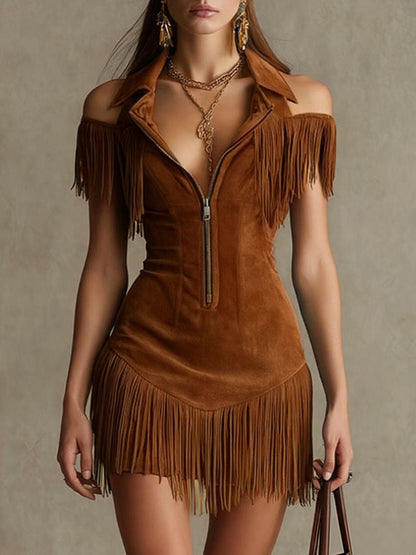 Julia | Retro American Suede Tassel Off-Shoulder Western-Style Dress
