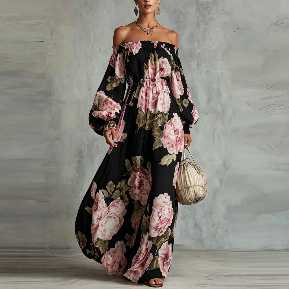 Payton | Elegant Off-Shoulder Floral Maxi Dress with Long Sleeves