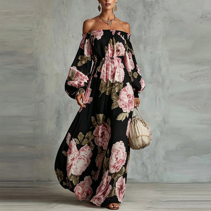 Payton | Elegant Off-Shoulder Floral Maxi Dress with Long Sleeves