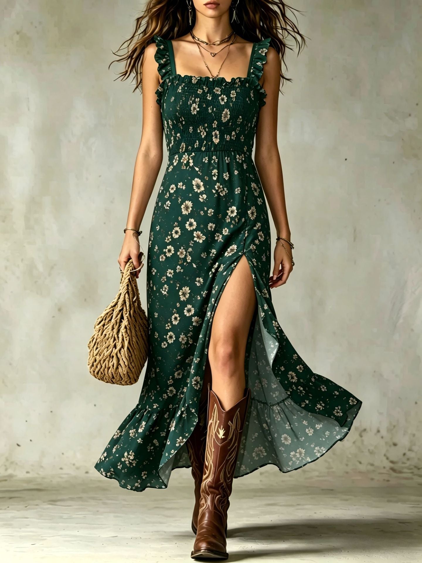 Ditsy Floral Smocked Ruffle-Slit Maxi Dress