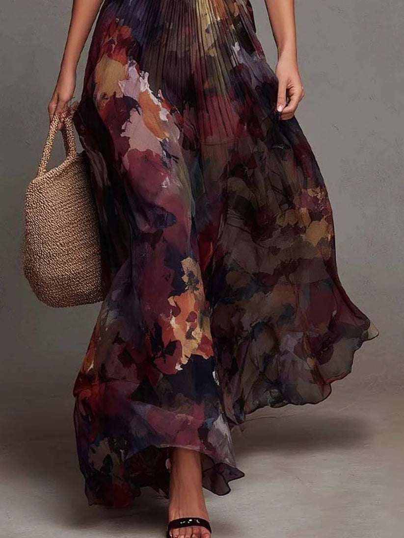 Watercolor Floral Pleated V-Neck Maxi Dress - Elegant, Flowing Maxi with Soft Pleats