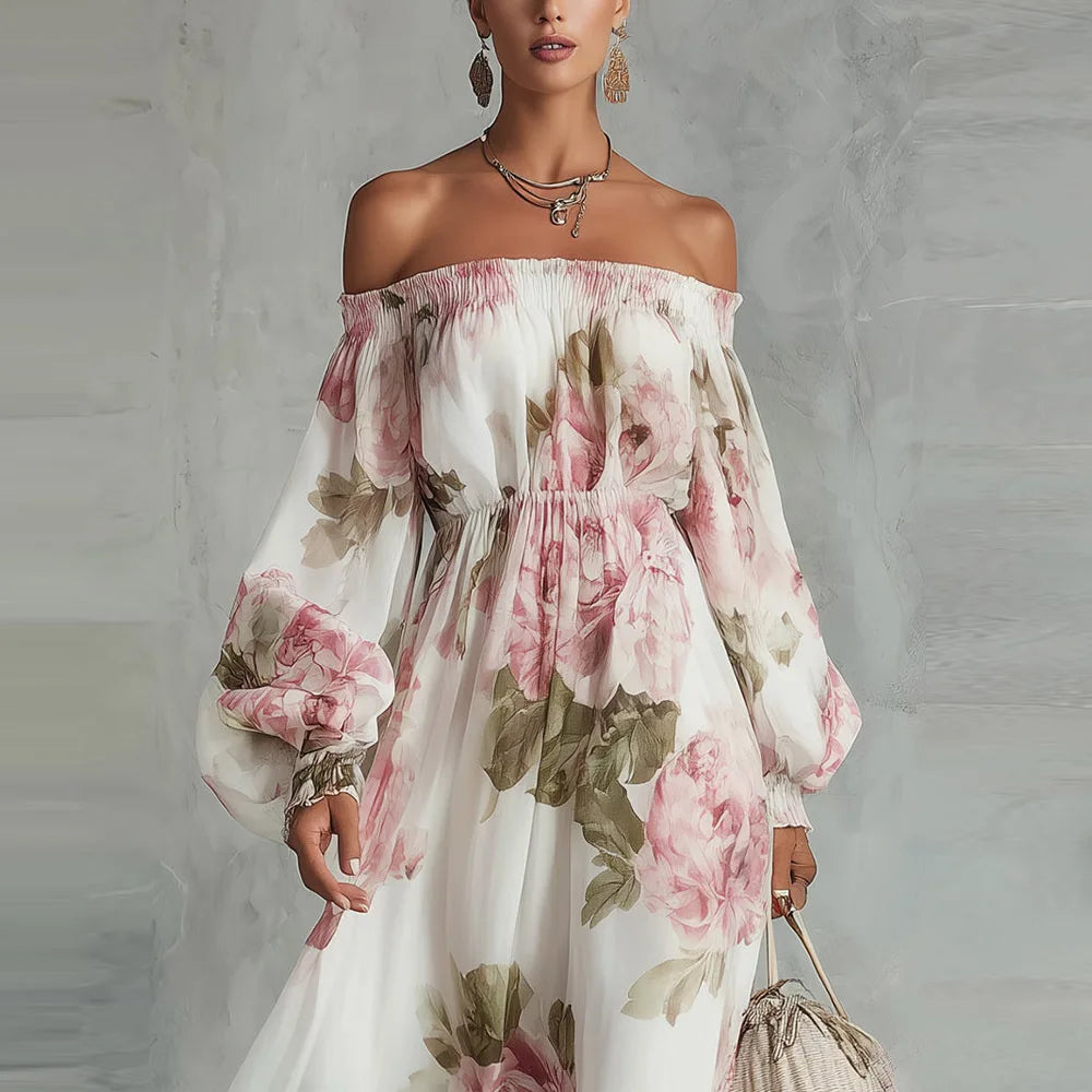 Payton | Elegant Off-Shoulder Floral Maxi Dress with Long Sleeves