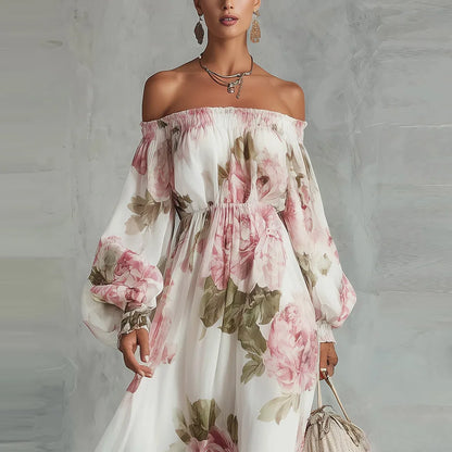 Payton | Elegant Off-Shoulder Floral Maxi Dress with Long Sleeves