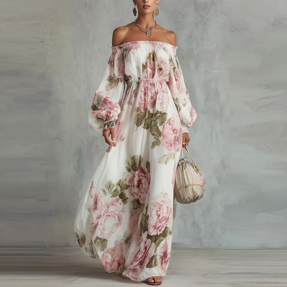 Payton | Elegant Off-Shoulder Floral Maxi Dress with Long Sleeves