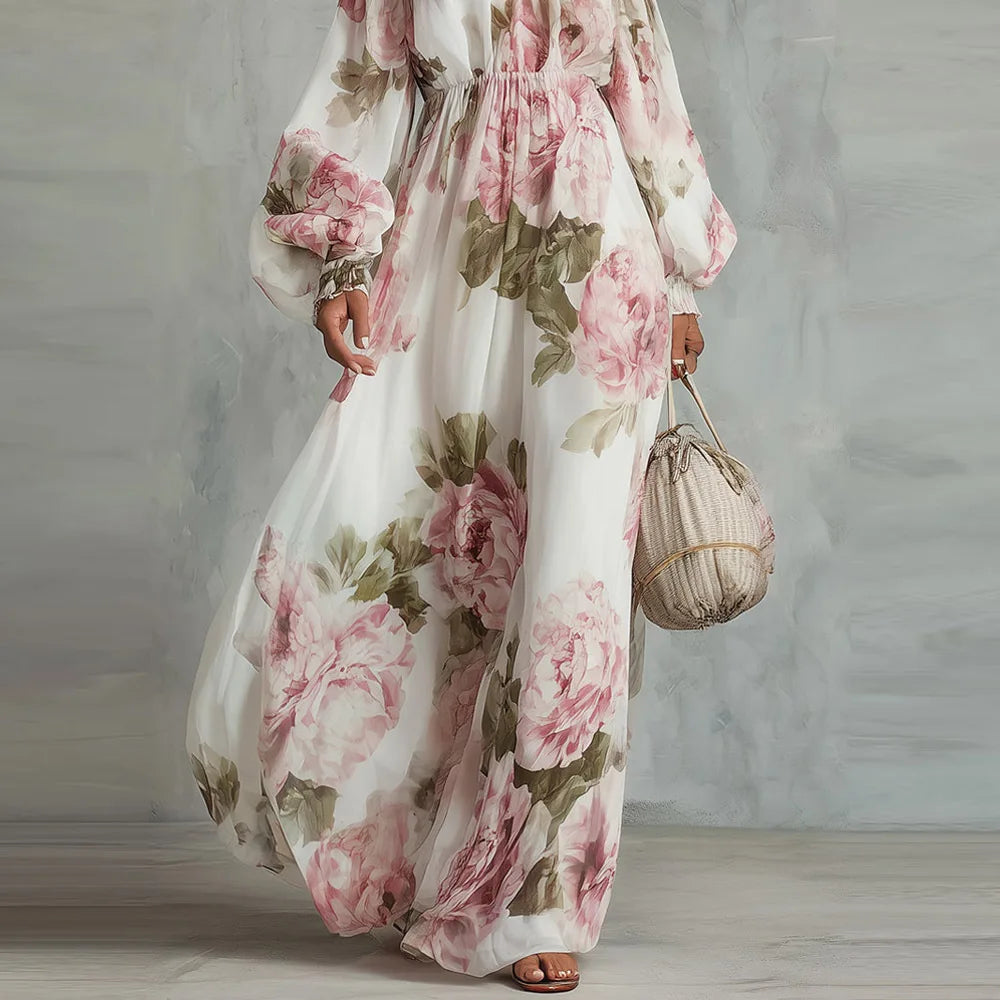 Payton | Elegant Off-Shoulder Floral Maxi Dress with Long Sleeves