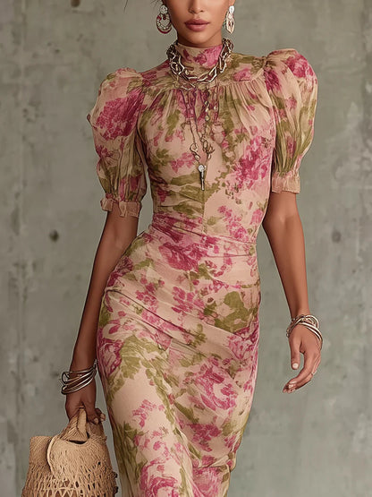 Fiora Romantic Vintage Rose Puff-Sleeve Maxi Dress - Timeless Elegance in Bloom