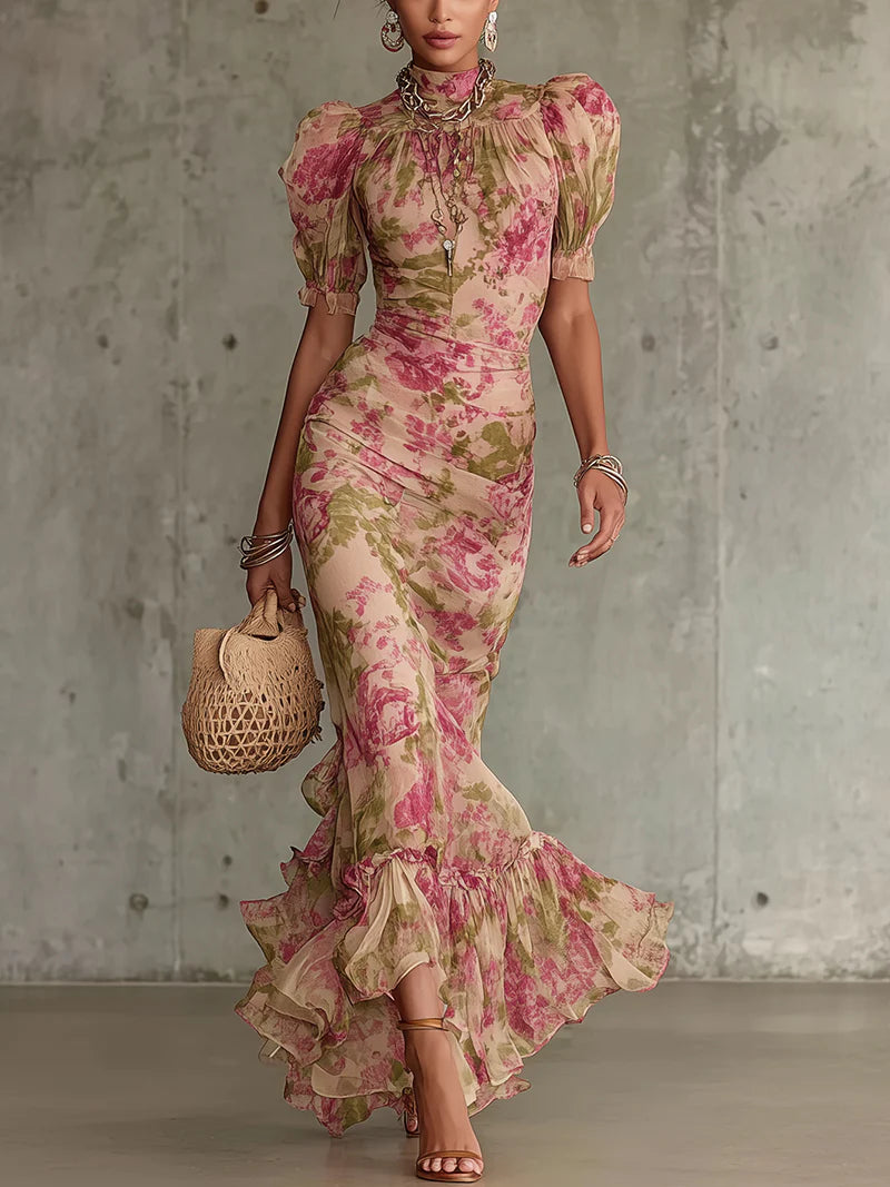 Fiora Romantic Vintage Rose Puff-Sleeve Maxi Dress - Timeless Elegance in Bloom