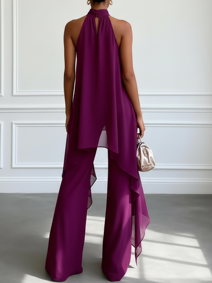 Elegant Purple Halter Sleeveless Top and Pants Two-Piece Set