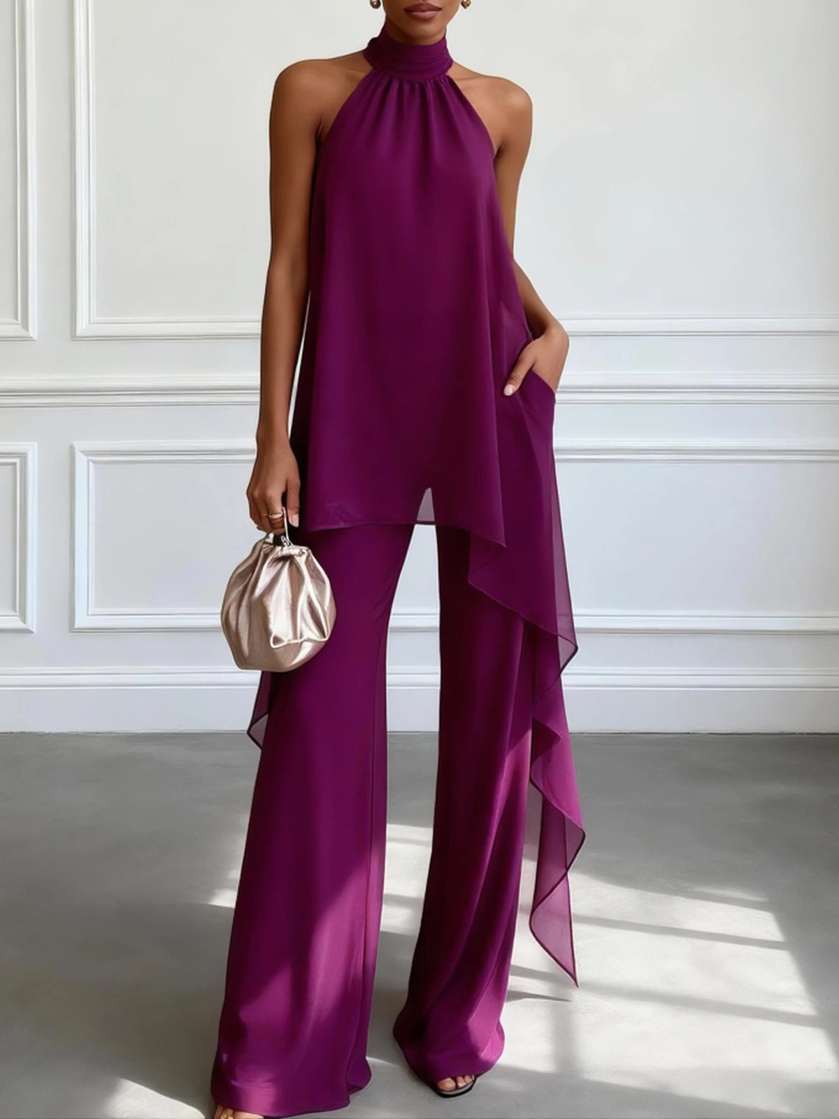 Elegant Purple Halter Sleeveless Top and Pants Two-Piece Set