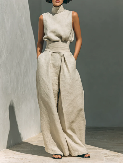 Aurora | Effortless Beige Sleeveless Wide-Leg Co-Ord Set - Relaxed Fit for Everyday Chic