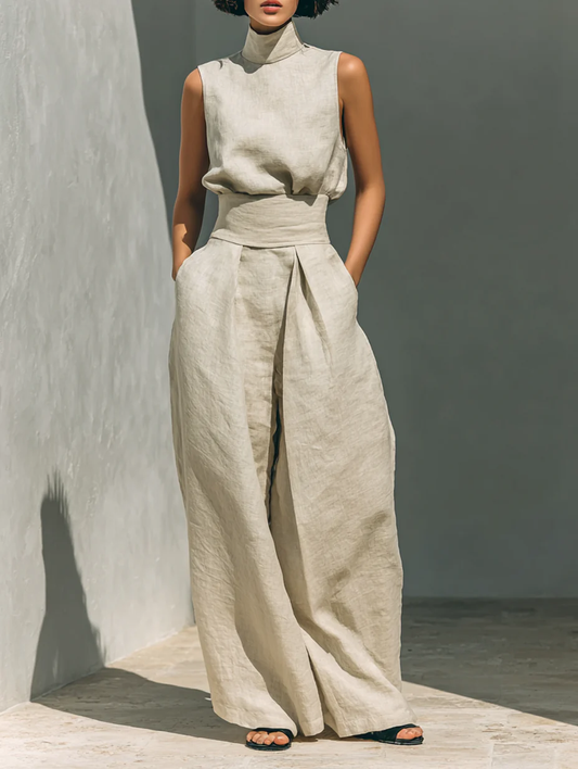 Aurora | Effortless Beige Sleeveless Wide-Leg Co-Ord Set - Relaxed Fit for Everyday Chic