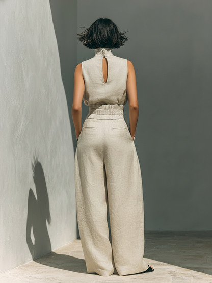 Aurora | Effortless Beige Sleeveless Wide-Leg Co-Ord Set - Relaxed Fit for Everyday Chic