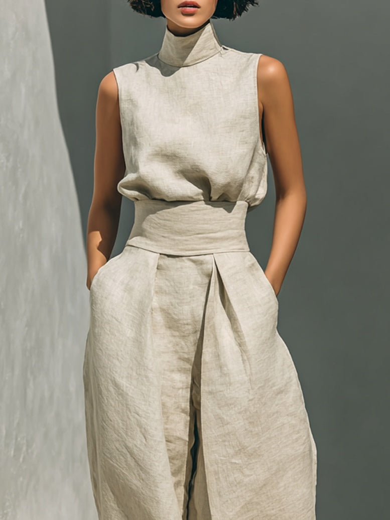 Aurora | Effortless Beige Sleeveless Wide-Leg Co-Ord Set - Relaxed Fit for Everyday Chic