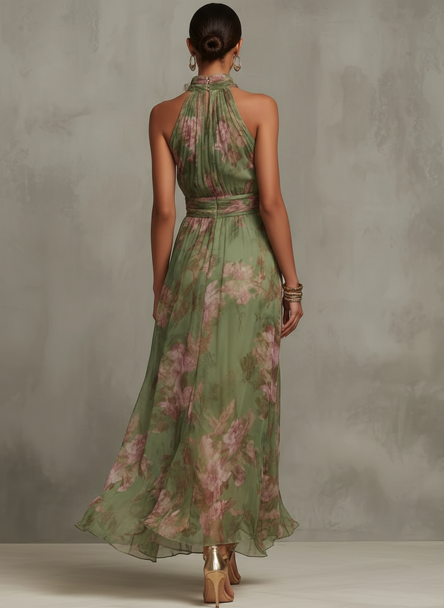 Serena — Elegant Floral Chiffon Halter Maxi Dress with a Flowing Silhouette